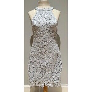 Lulus Womens Small Halter Bodycon Powder Blue Dress Floral Lace Back Zip Closure
